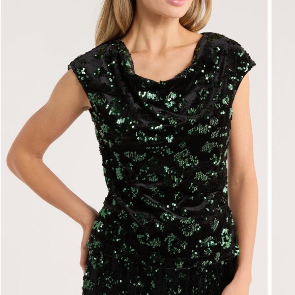 T Tahari Tops - T-Tahari Elegant Sequin Black and Green Top - Cowl Neck & Cap Sleeve
